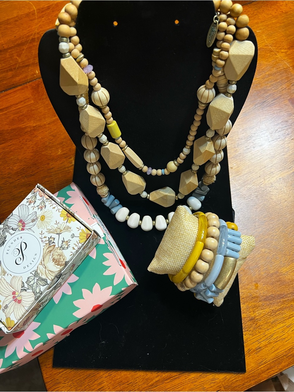 Plunder Layered Wood & Bead Necklace with Yellow, Gray & Cream Accents